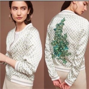 ANTHROPOLOGIE Size M Embroidered bomber jacket Silk like fabric. Zip up.
